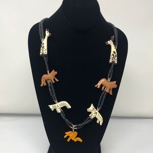 Carved Wood Necklace Animals Safari Elephant Giraffe Lion Zebra Barrel Clasp